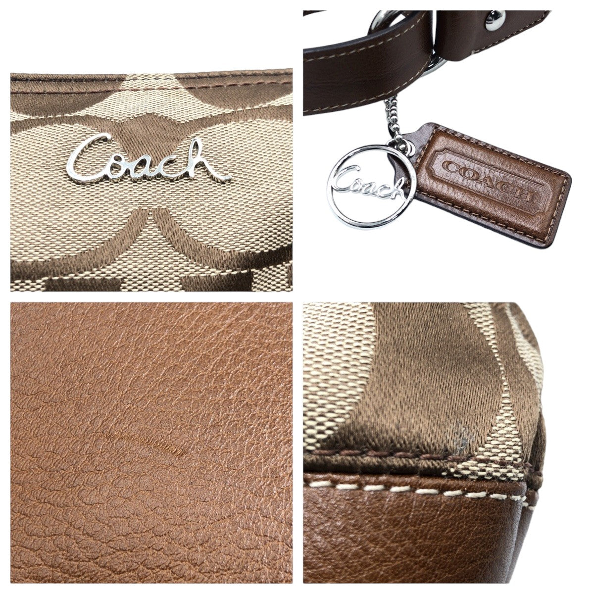 COACH コーチ シグネチャー ベージュ ブラウン シルバー金具 コットン 17491 ショルダーバッグ 2way 肩掛け  レディース
