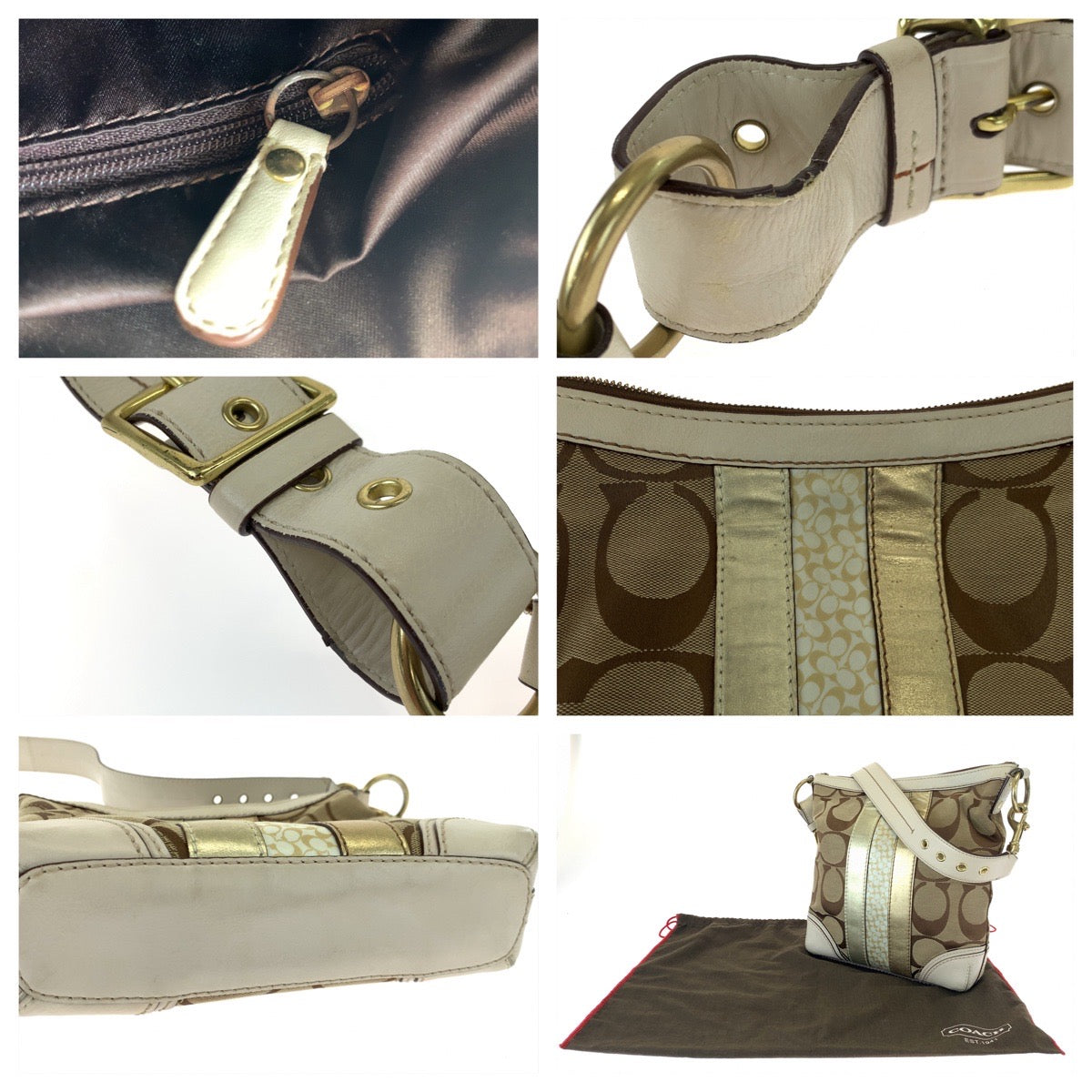 12571
COACH コーチ シグネチャー ハンプトンズストライプ ブラウン ホワイト キャンバス 10542 ショルダーバッグ ポシェット 斜め掛け可能  レディース
