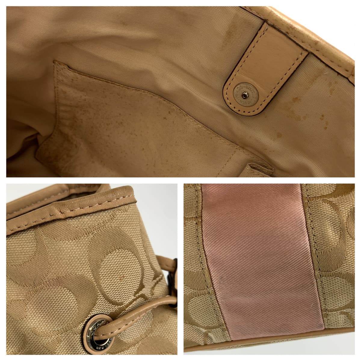 12570
COACH コーチ シグネチャー ベージュ ピンク シルバー金具 キャンバス トートバッグ ハンドバック  レディース