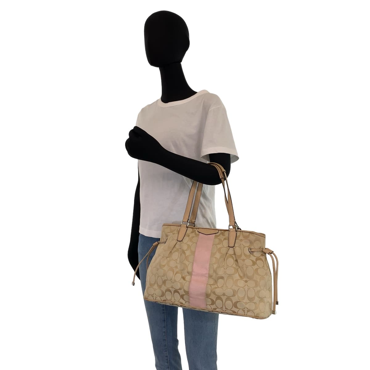 12570
COACH コーチ シグネチャー ベージュ ピンク シルバー金具 キャンバス トートバッグ ハンドバック  レディース