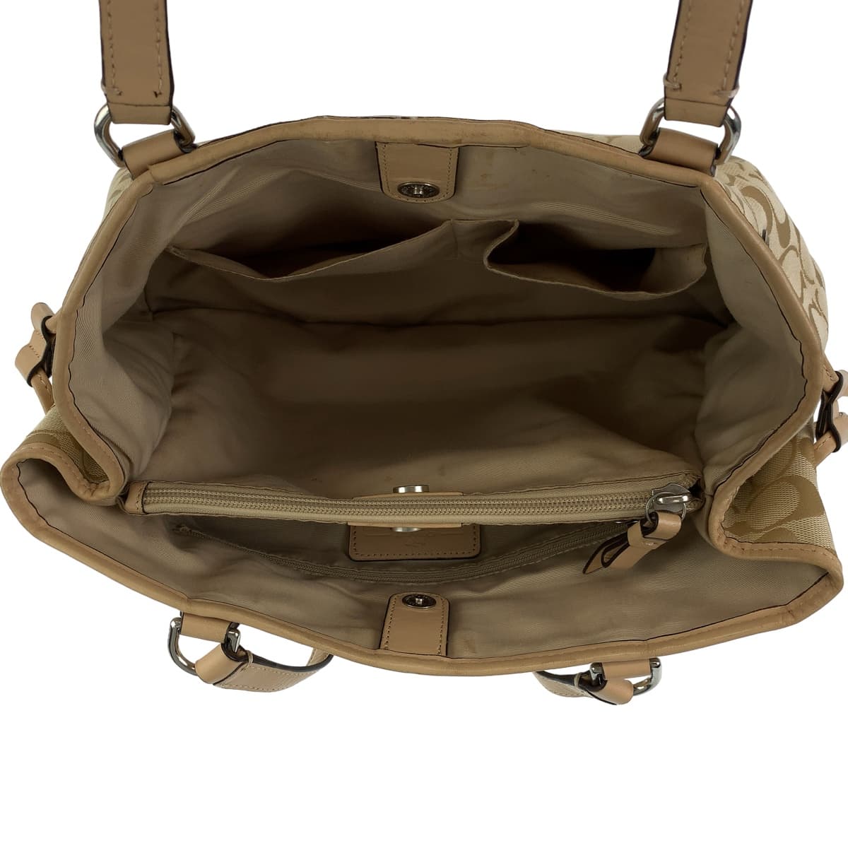 12570
COACH コーチ シグネチャー ベージュ ピンク シルバー金具 キャンバス トートバッグ ハンドバック  レディース