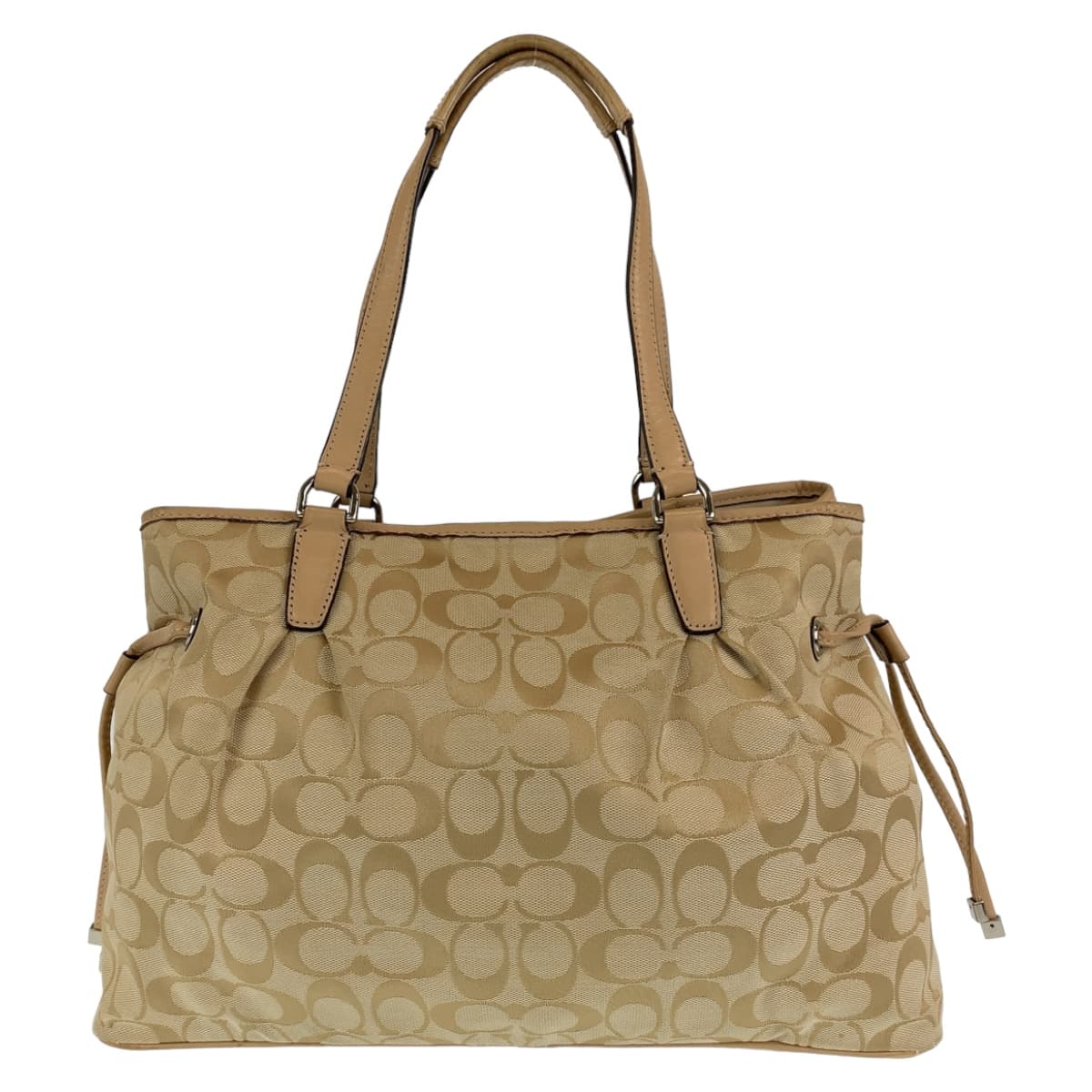 12570
COACH コーチ シグネチャー ベージュ ピンク シルバー金具 キャンバス トートバッグ ハンドバック  レディース