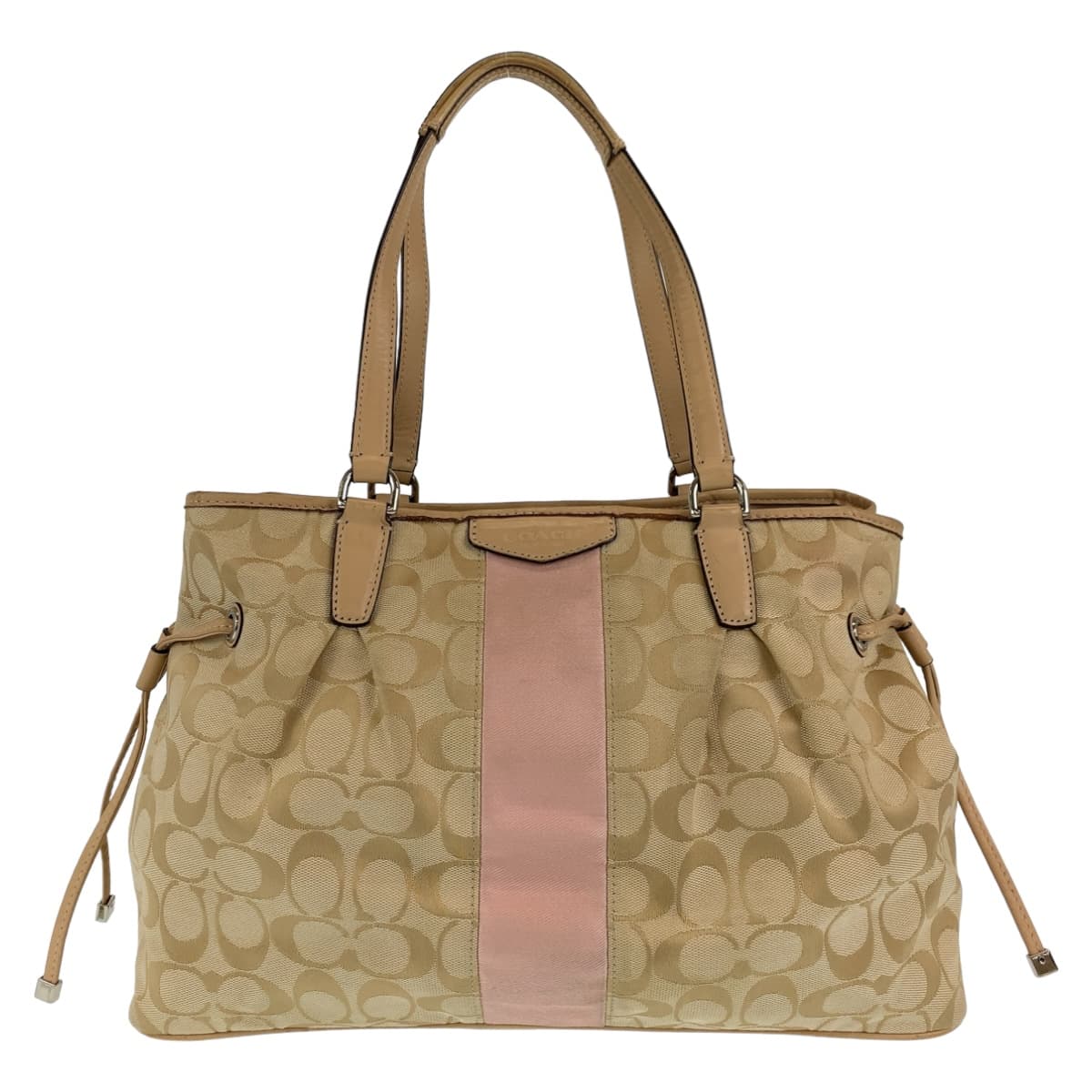 12570
COACH コーチ シグネチャー ベージュ ピンク シルバー金具 キャンバス トートバッグ ハンドバック  レディース
