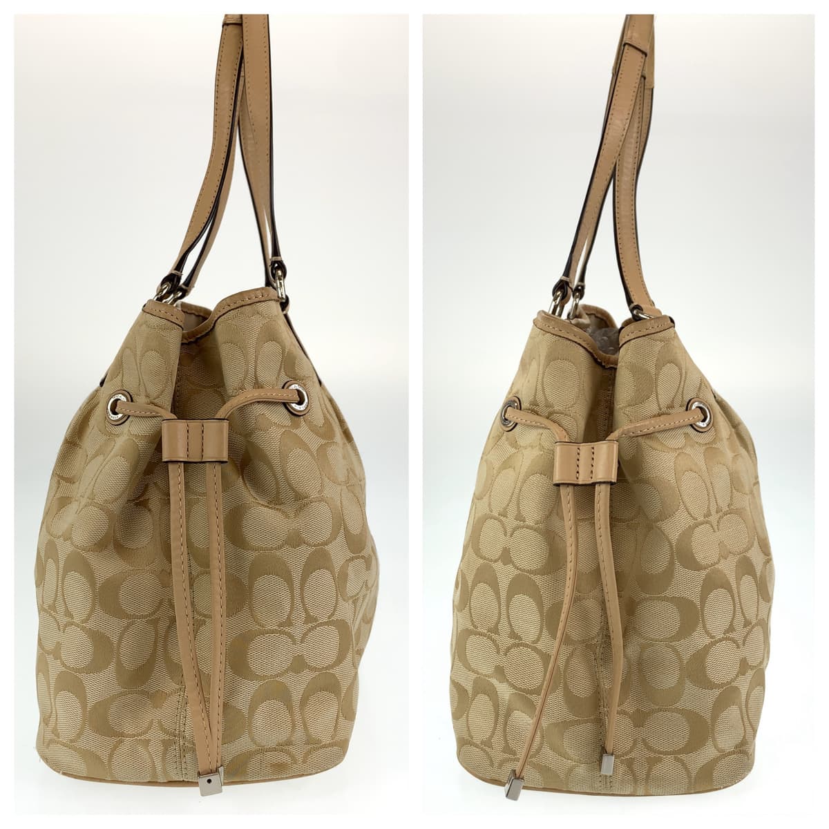12570
COACH コーチ シグネチャー ベージュ ピンク シルバー金具 キャンバス トートバッグ ハンドバック  レディース