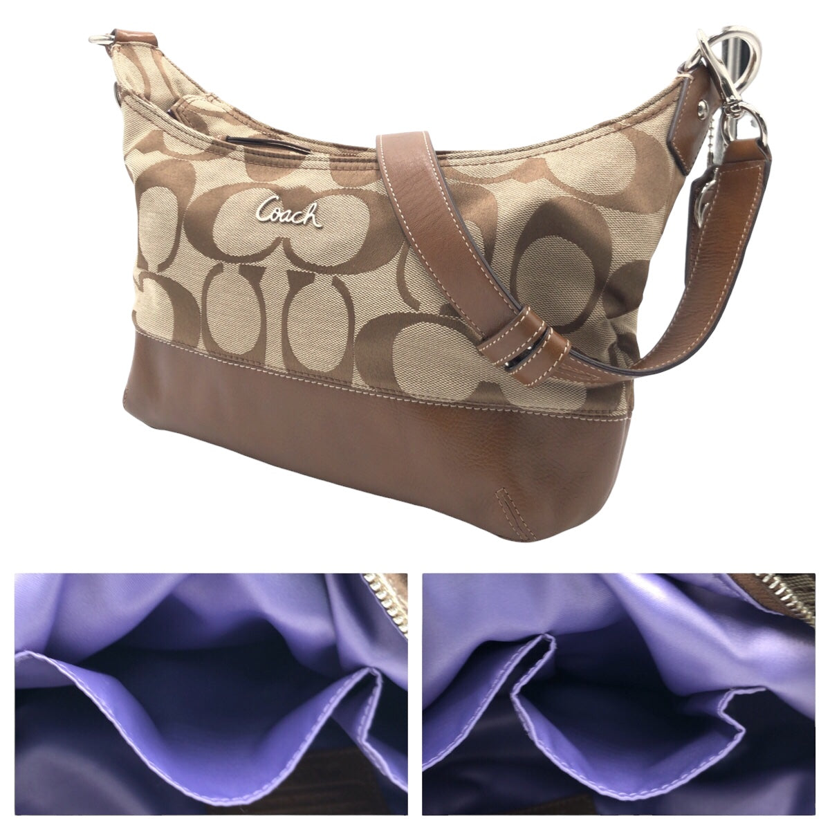COACH コーチ シグネチャー ベージュ ブラウン シルバー金具 コットン 17491 ショルダーバッグ 2way 肩掛け  レディース