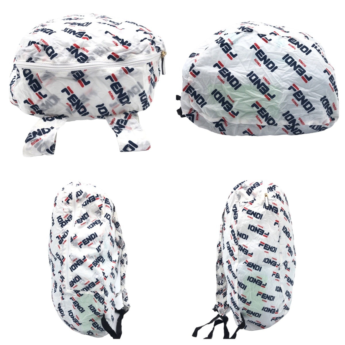 10348
FENDI フェンディ FILAコラボ ポーチ付き ホワイト ナイロン 折り畳み バックパック リュックサック エコバッグ 男女兼用 レディース ABP38