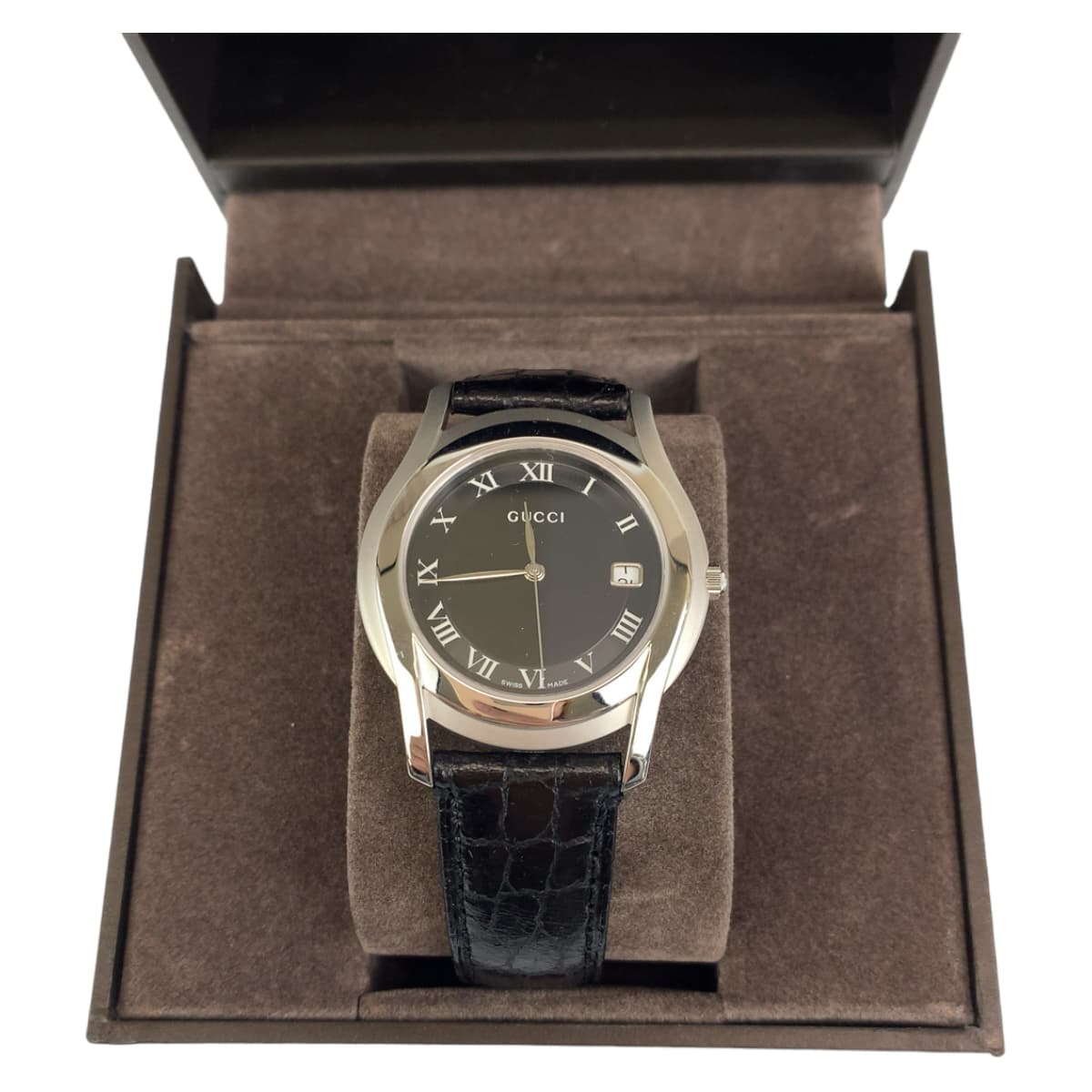 H-00513
GUCCI グッチ ブラック 黒 シルバー金具 ステンレススチール 5500M 腕時計 デイト クオーツ ブラック 黒文字盤  メンズ