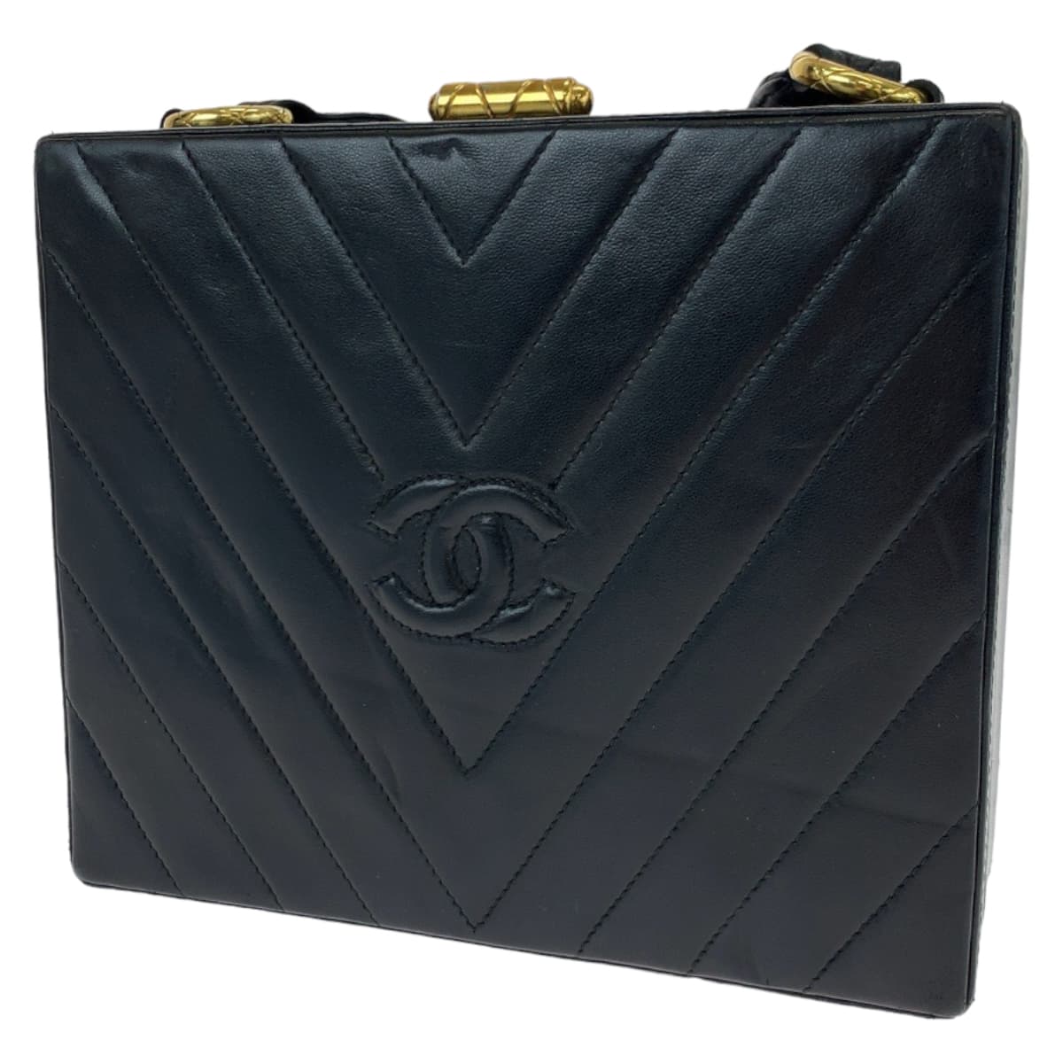 H-00528
CHANEL シャネル Vステッチ ココマーク ミニトランク ブラック 黒 ゴールド金具 ラムスキン ショルダーバッグ 斜め掛け ボックス  レディース