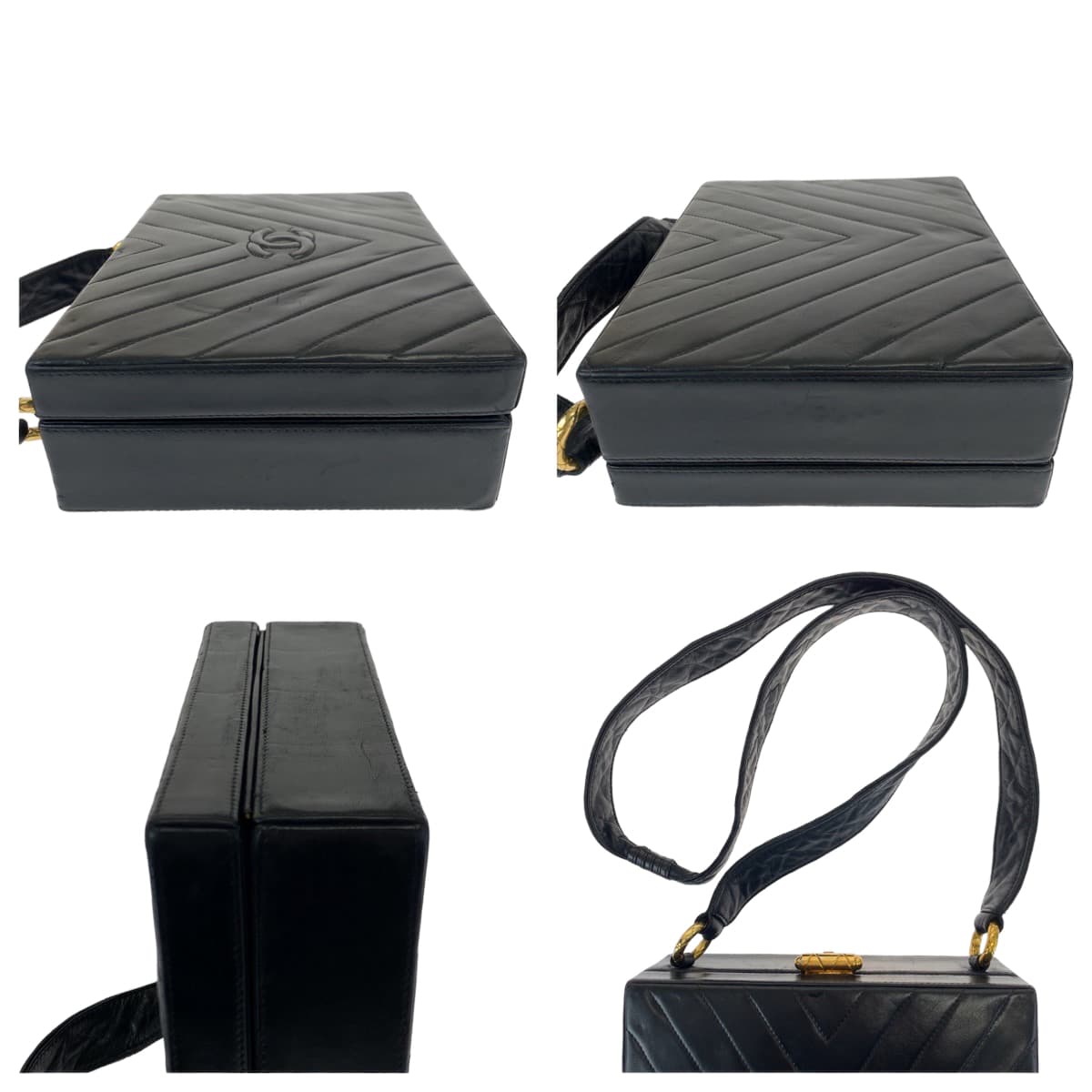 H-00528
CHANEL シャネル Vステッチ ココマーク ミニトランク ブラック 黒 ゴールド金具 ラムスキン ショルダーバッグ 斜め掛け ボックス  レディース