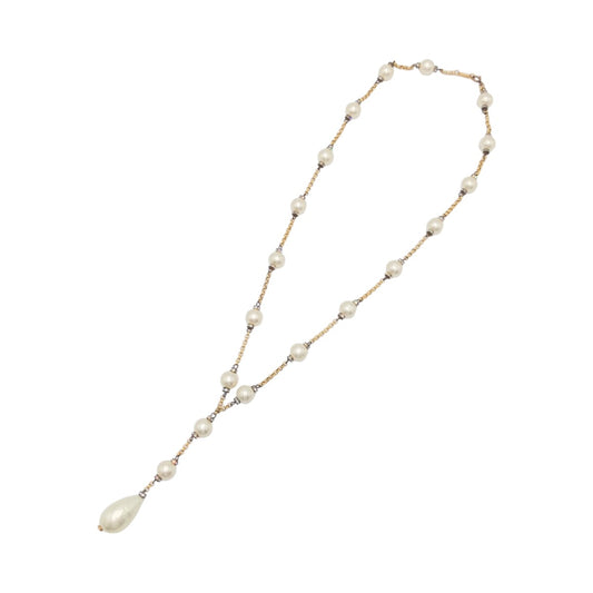 CHANEL シャネル ヴィンテージ ホワイト 白 ゴールド金具 フェイクパール ネックレス ラリアットネックレス  レディース