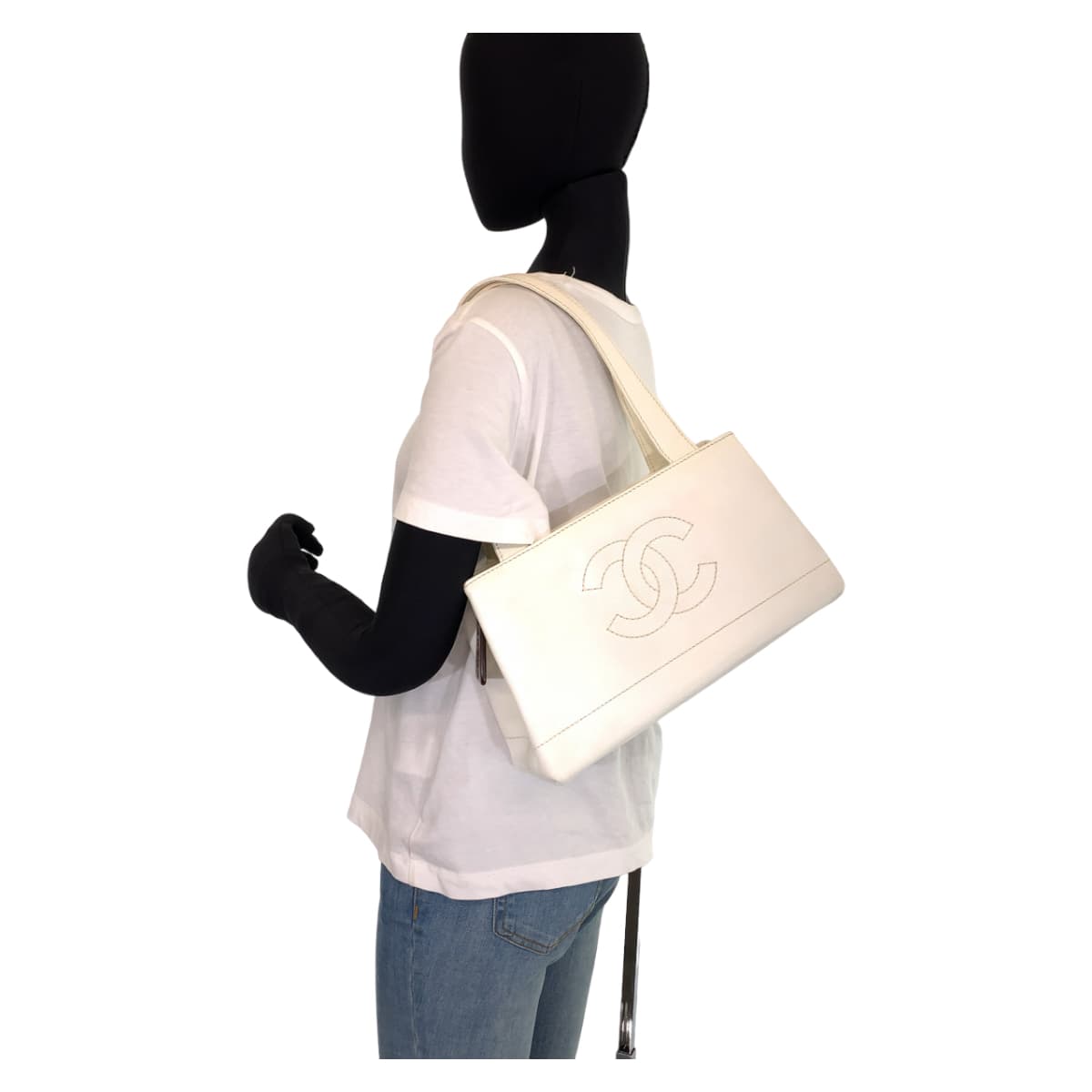 H-00533
CHANEL シャネル ココマーク ステッチ ホワイト 白 キャビアスキン トートバッグ ショルダーバッグ  レディース