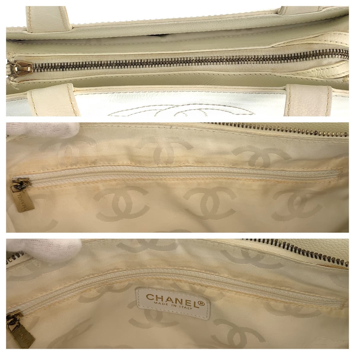 H-00533
CHANEL シャネル ココマーク ステッチ ホワイト 白 キャビアスキン トートバッグ ショルダーバッグ  レディース
