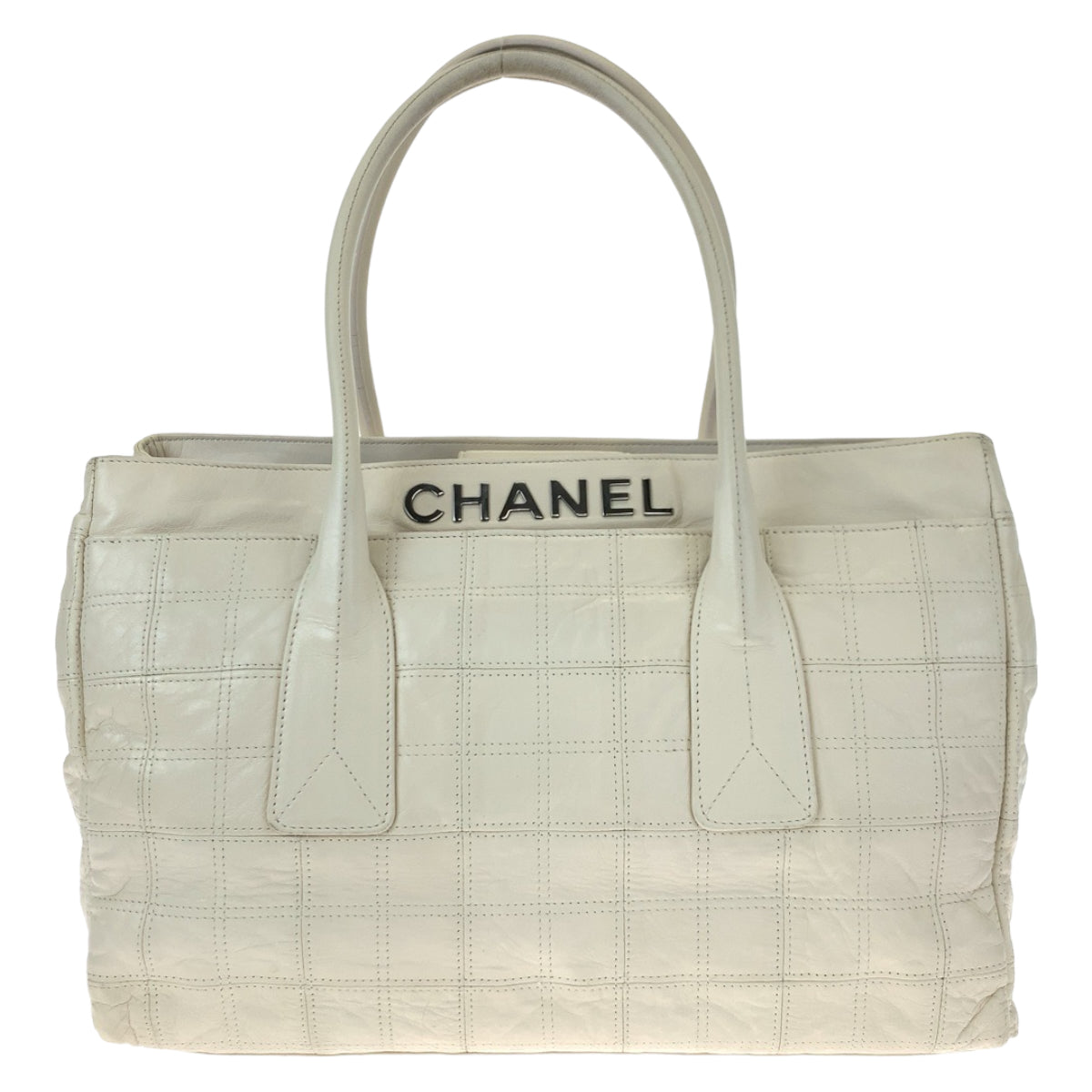 H-00539
CHANEL シャネル チョコバー ホワイト 白 シルバー金具 ラムスキン ハンドバッグ トートバッグ  レディース