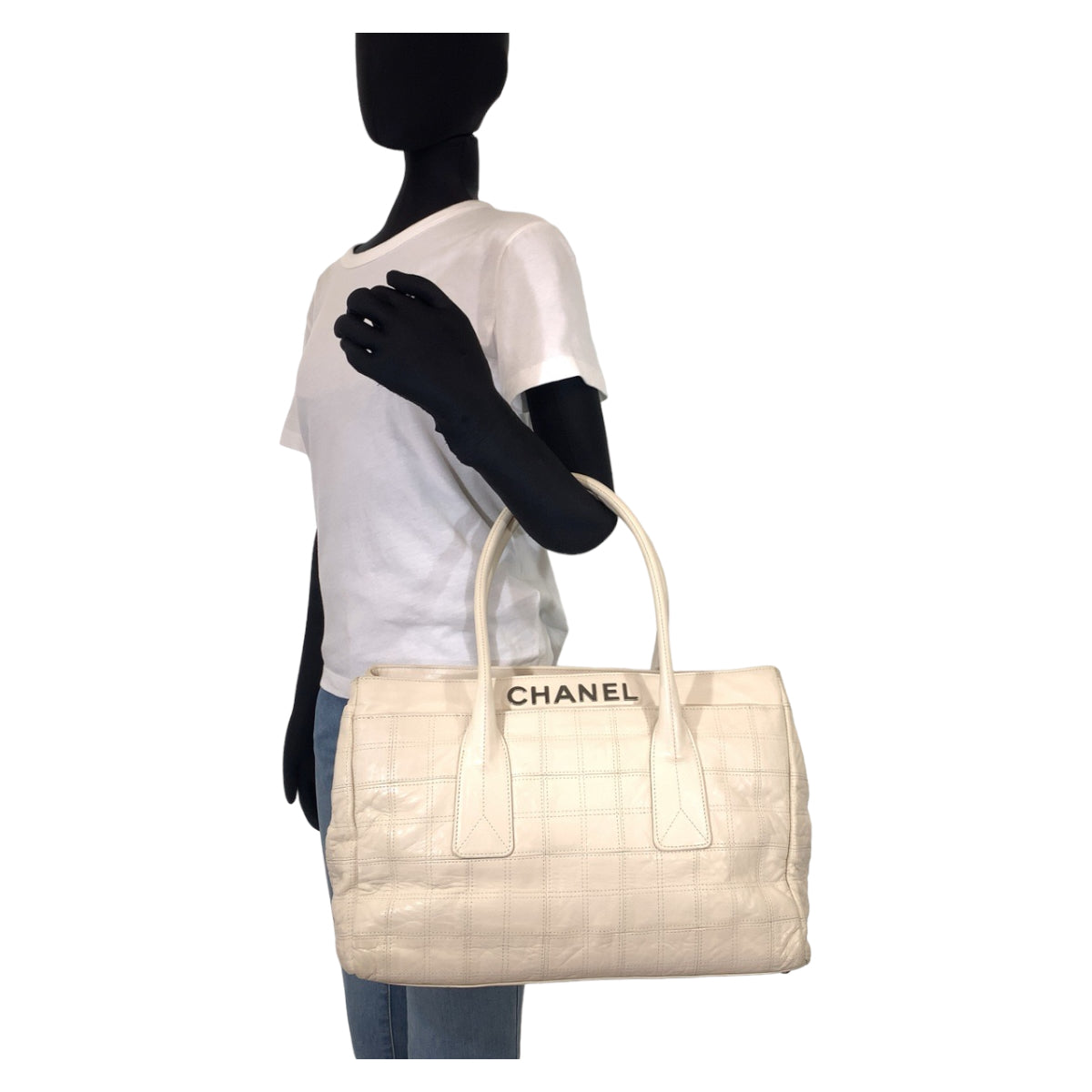 H-00539
CHANEL シャネル チョコバー ホワイト 白 シルバー金具 ラムスキン ハンドバッグ トートバッグ  レディース