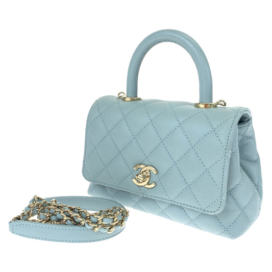 H-00548
CHANEL シャネル マトラッセ ココハンドルXXS ココマーク ターンロック ブルー 青 ゴールド金具 キャビアスキン AS2215 ショルダーバッグ ハンドバッグ 2way  レディース