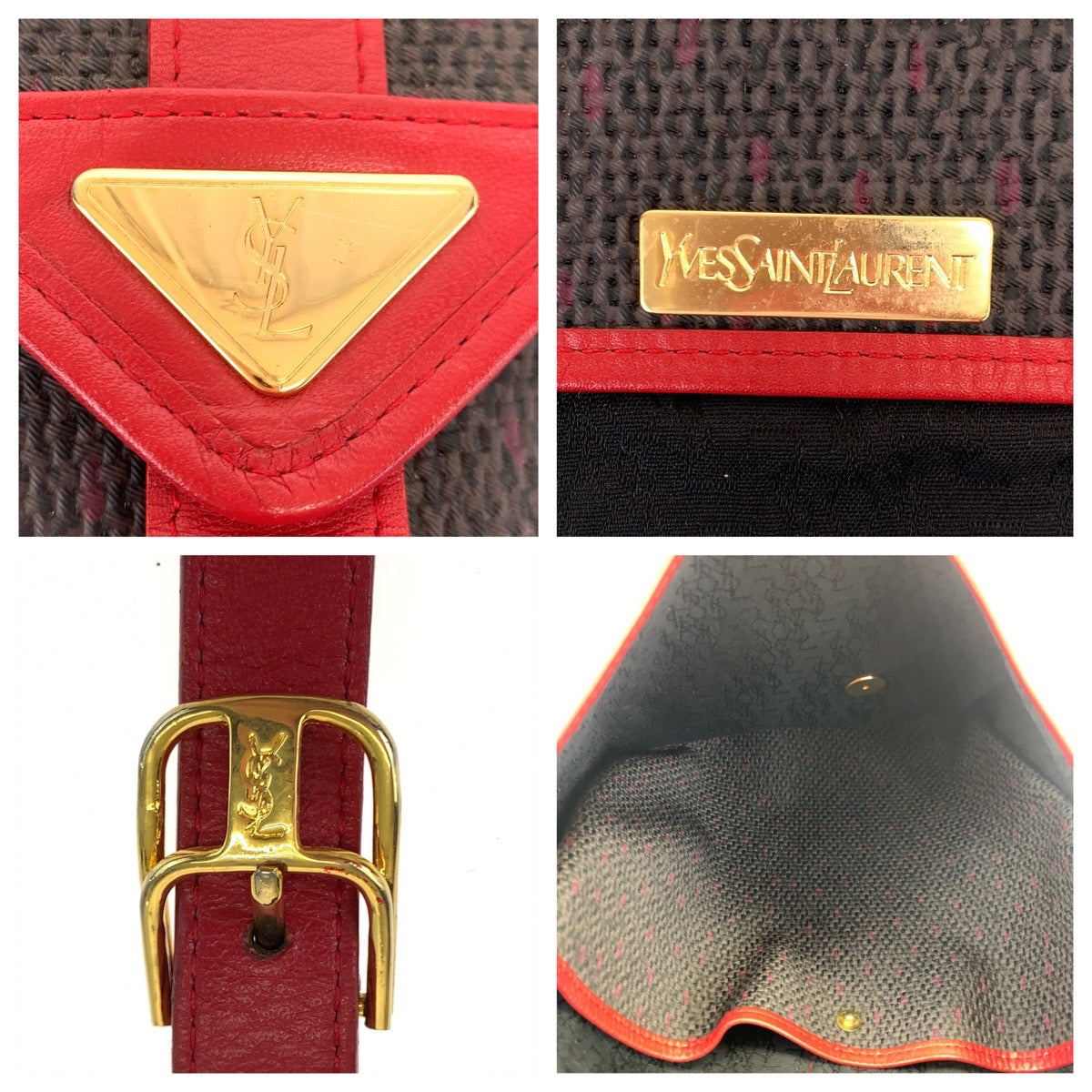 10394
YVES SAINT LAURENT イヴ サンローラン ヴィンテージ YSL グレー レッド PVC / レザー 斜め掛け ショルダーバッグ ポシェット  レディース AB30