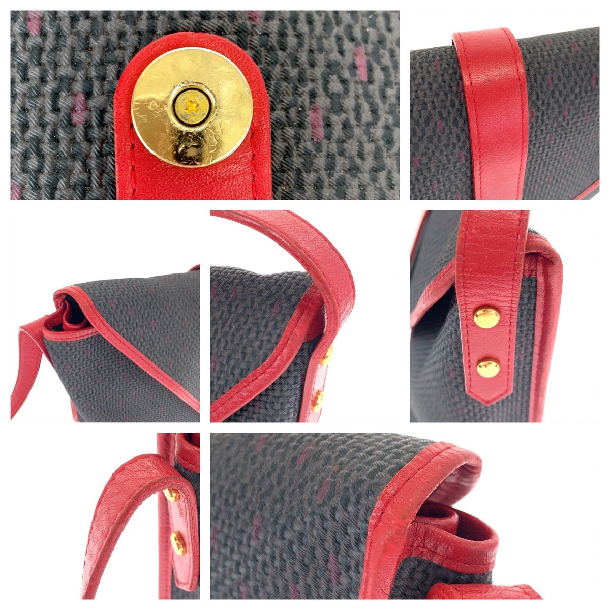 10394
YVES SAINT LAURENT イヴ サンローラン ヴィンテージ YSL グレー レッド PVC / レザー 斜め掛け ショルダーバッグ ポシェット  レディース AB30