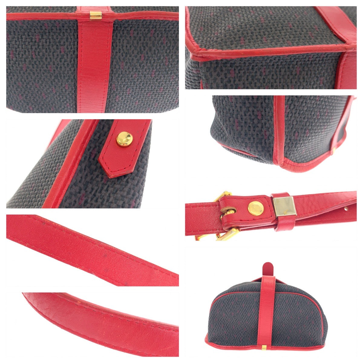 10394
YVES SAINT LAURENT イヴ サンローラン ヴィンテージ YSL グレー レッド PVC / レザー 斜め掛け ショルダーバッグ ポシェット  レディース AB30