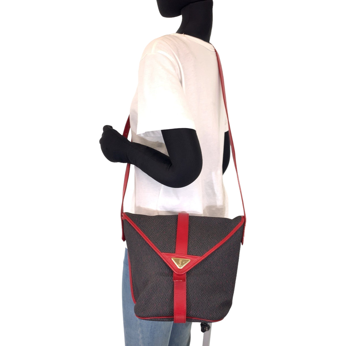 10394
YVES SAINT LAURENT イヴ サンローラン ヴィンテージ YSL グレー レッド PVC / レザー 斜め掛け ショルダーバッグ ポシェット  レディース AB30