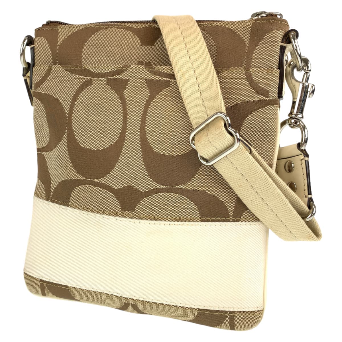 12559
COACH コーチ シグネチャー ベージュ ブラウン シルバー金具 キャンバス ショルダーバッグ ポシェット 斜め掛け可能  レディース ABP5