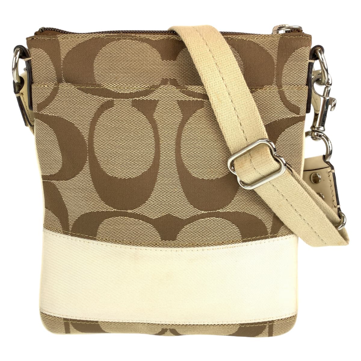 12559
COACH コーチ シグネチャー ベージュ ブラウン シルバー金具 キャンバス ショルダーバッグ ポシェット 斜め掛け可能  レディース ABP5