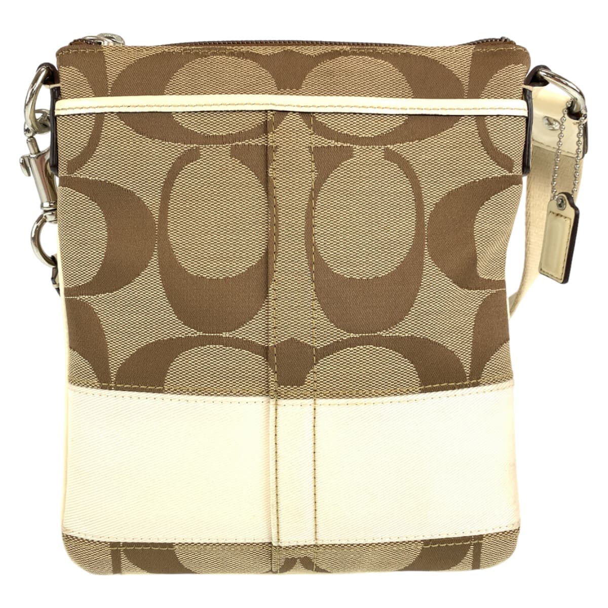 12559
COACH コーチ シグネチャー ベージュ ブラウン シルバー金具 キャンバス ショルダーバッグ ポシェット 斜め掛け可能  レディース ABP5