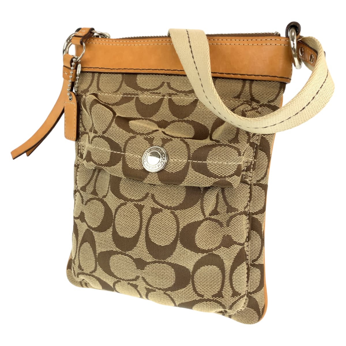 12555
COACH コーチ シグネチャー ベージュ ブラウン キャンバス / レザー 6442 ショルダーバッグ ポシェット 斜め掛け可能  レディース AB5