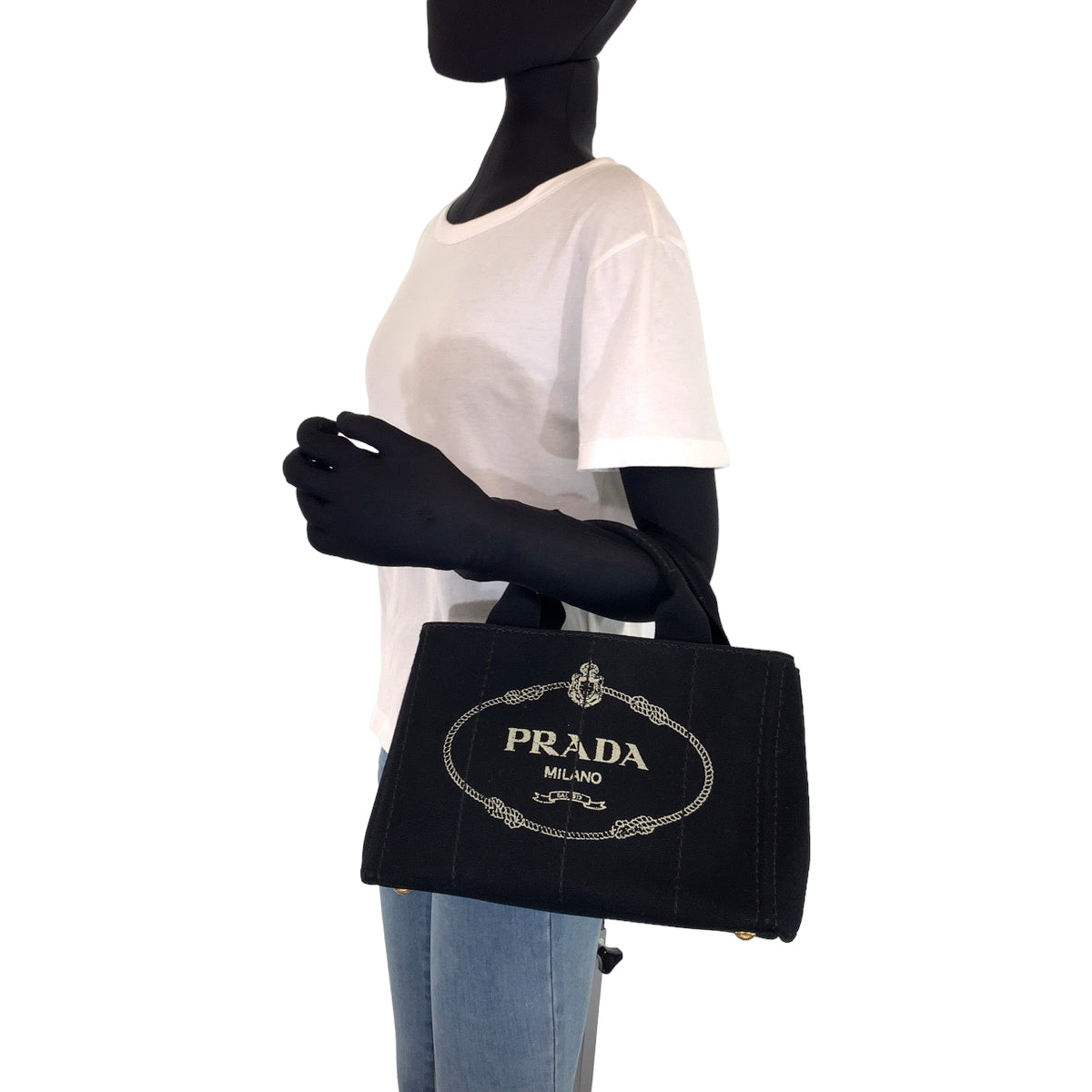 H-00557
PRADA プラダ カナパ 三角ロゴプレート ブラック 黒 ネロ ノワール キャンバス トートバッグ ハンドバッグ  レディース