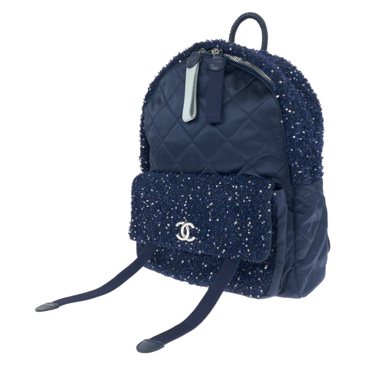 H-00558
CHANEL シャネル マトラッセ ココマーク ネイビー 紺 シルバー金具 ナイロン / ツイード A91964 リュックサック バックパック  レディース