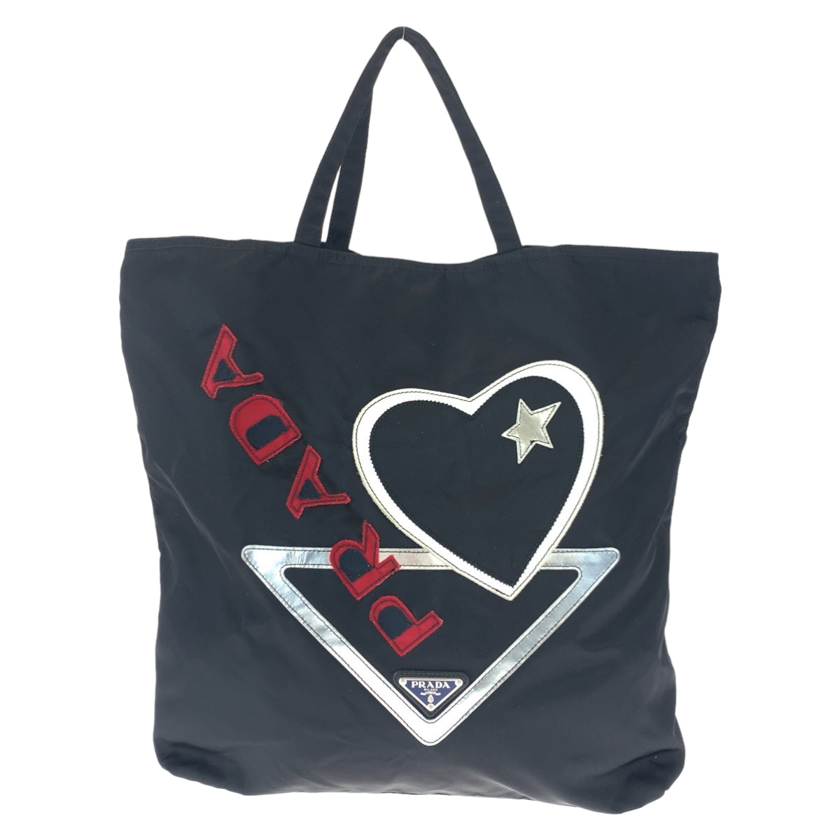 H-00559
PRADA プラダ テスート スター ハート パッチワーク ブラック 黒 ホワイト 白 ナイロン トートバッグ 三角ロゴプレート  レディース