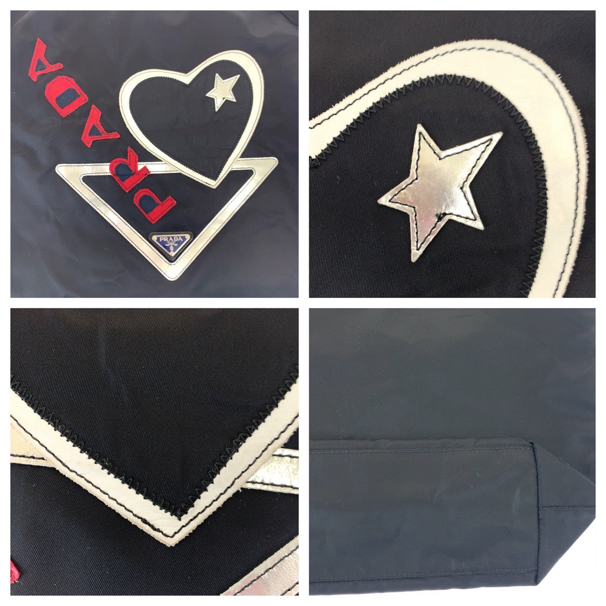 H-00559
PRADA プラダ テスート スター ハート パッチワーク ブラック 黒 ホワイト 白 ナイロン トートバッグ 三角ロゴプレート  レディース