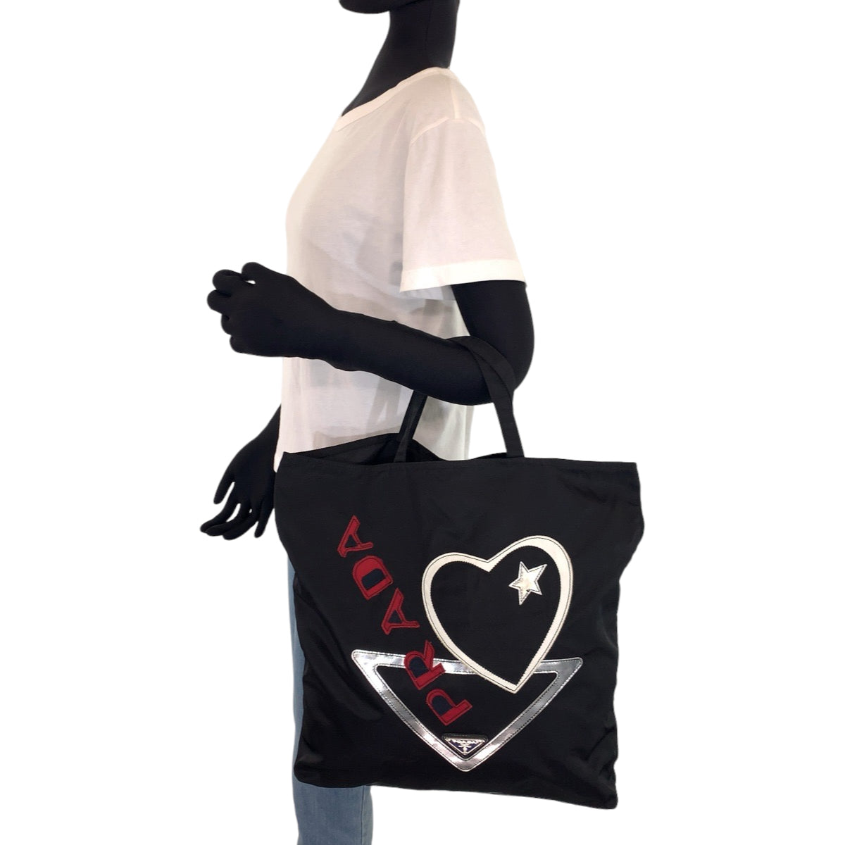 H-00559
PRADA プラダ テスート スター ハート パッチワーク ブラック 黒 ホワイト 白 ナイロン トートバッグ 三角ロゴプレート  レディース