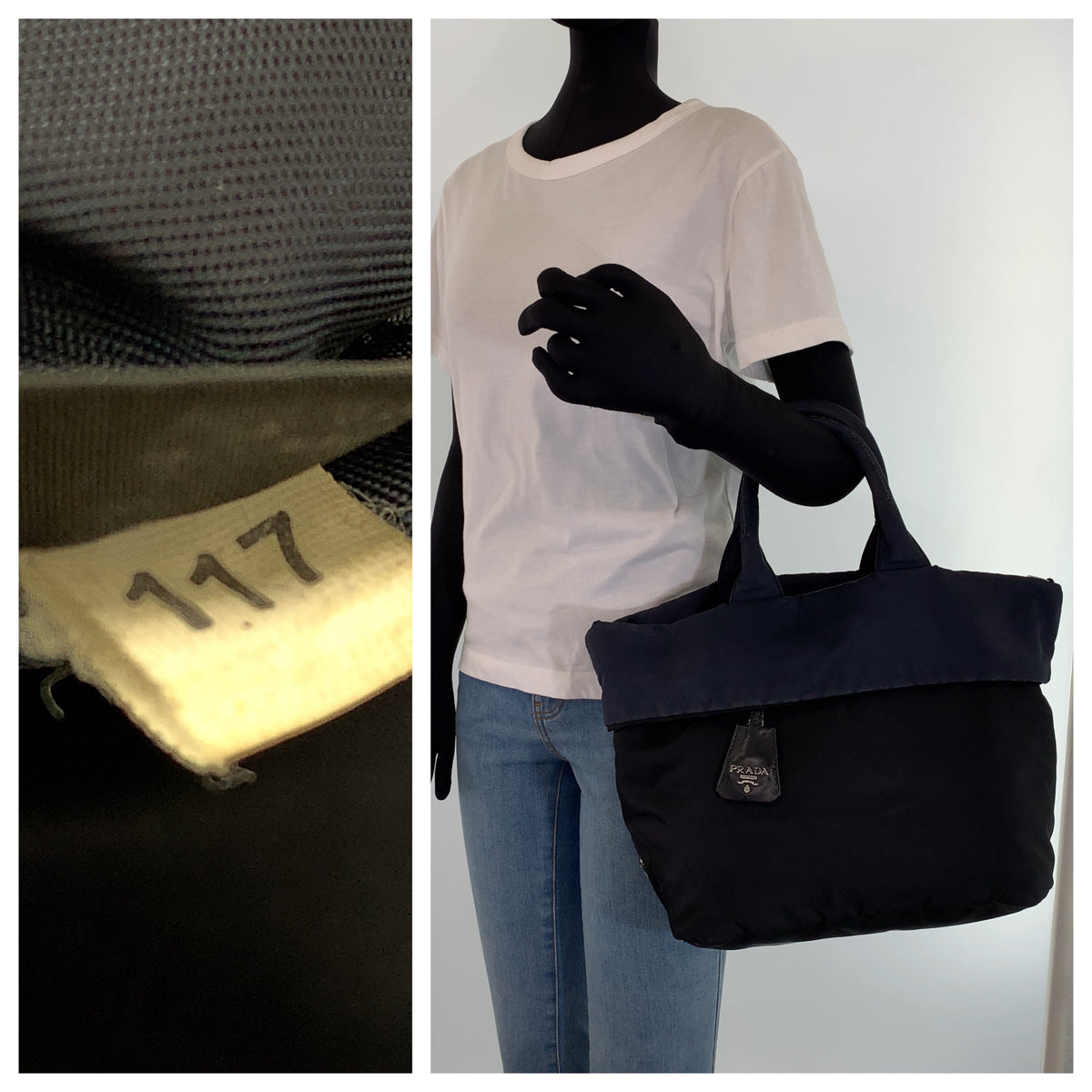 10403
PRADA プラダ テスート 三角ロゴプレート リバーシブル ブラック ネイビー シルバー金具 ナイロン トートバッグ ハンドバッグ  レディース