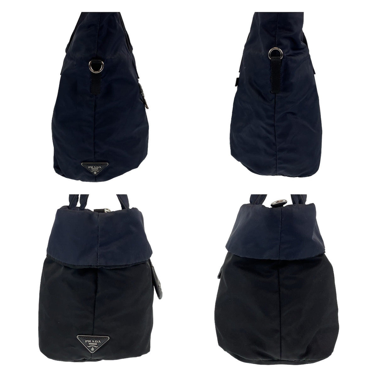 10403
PRADA プラダ テスート 三角ロゴプレート リバーシブル ブラック ネイビー シルバー金具 ナイロン トートバッグ ハンドバッグ  レディース