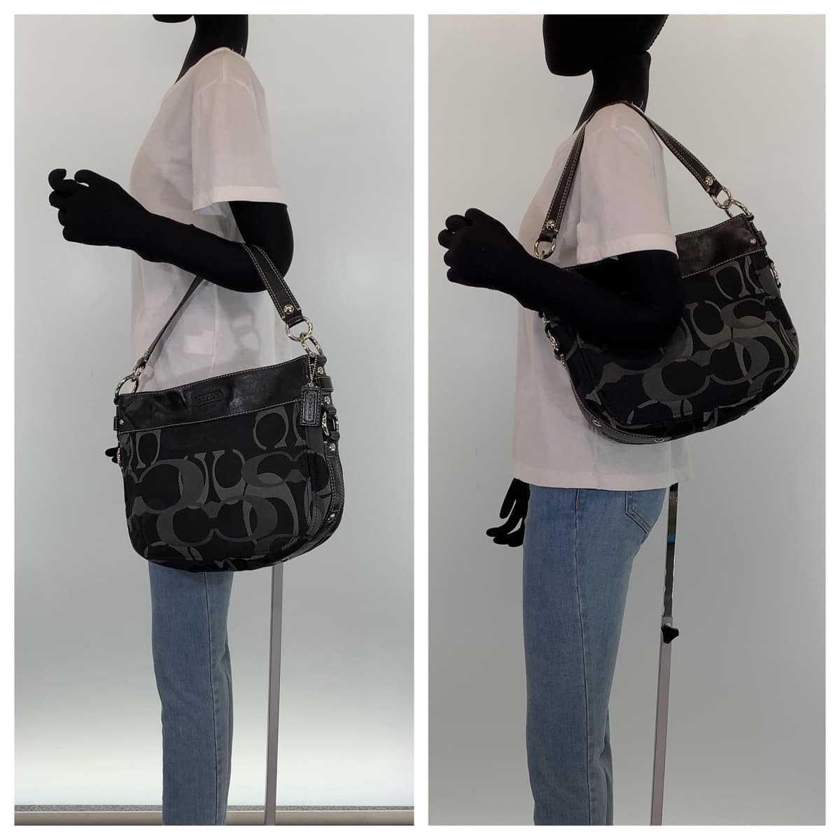 12552
COACH コーチ シグネチャー ブラック グレー シルバー金具 キャンバス ホーボー ショルダーバッグ ハンドバック  レディース