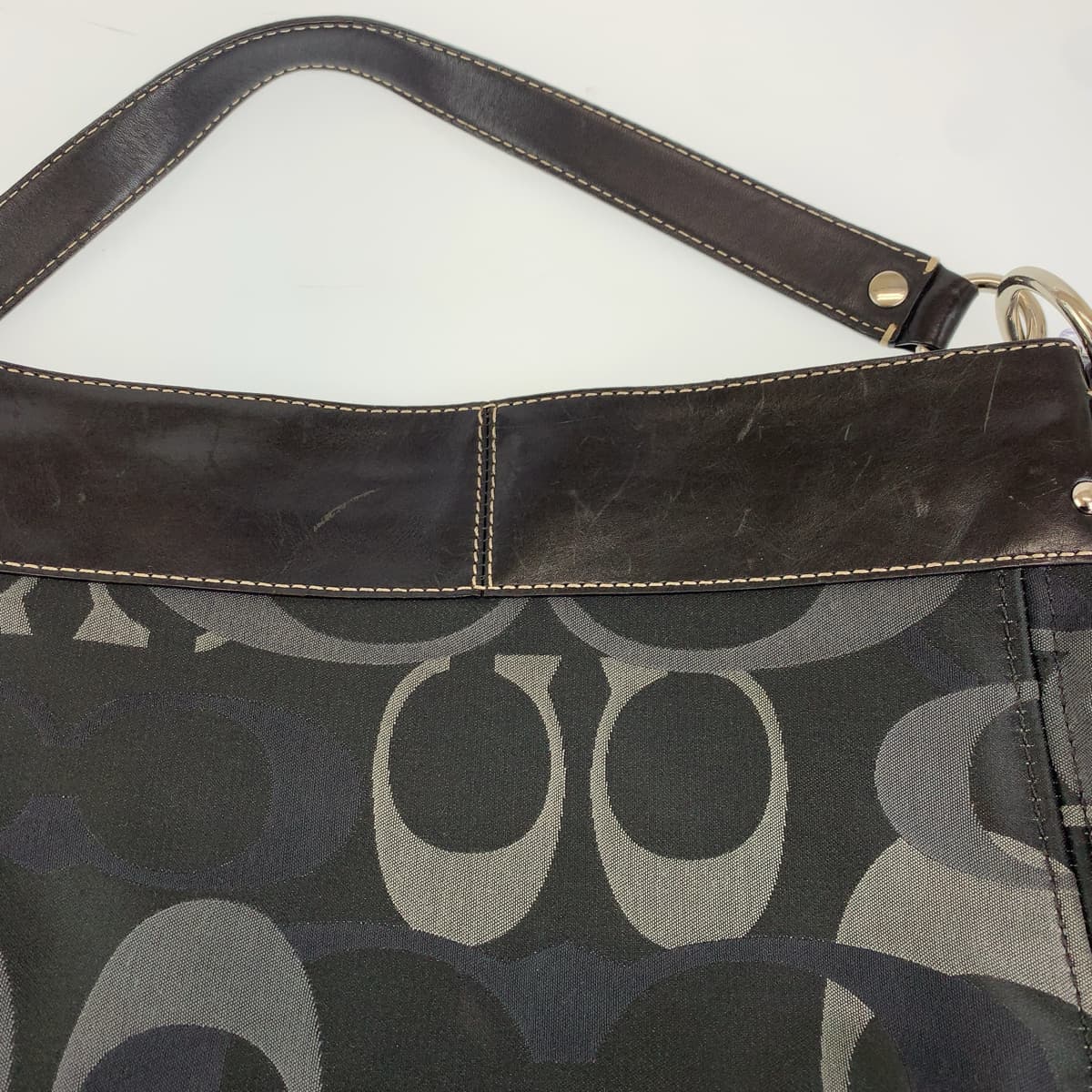 12552
COACH コーチ シグネチャー ブラック グレー シルバー金具 キャンバス ホーボー ショルダーバッグ ハンドバック  レディース