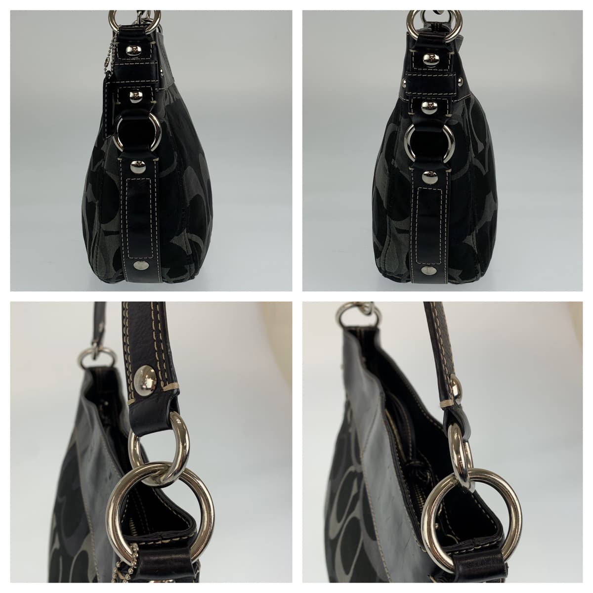 12552
COACH コーチ シグネチャー ブラック グレー シルバー金具 キャンバス ホーボー ショルダーバッグ ハンドバック  レディース