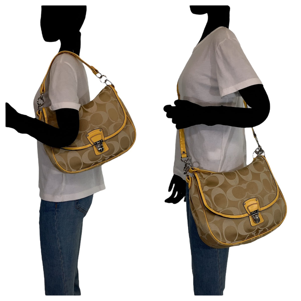 12551
 COACH Signature Brown Beige Canvas/Patent Hobo Shoulder Bag Handbag for Women