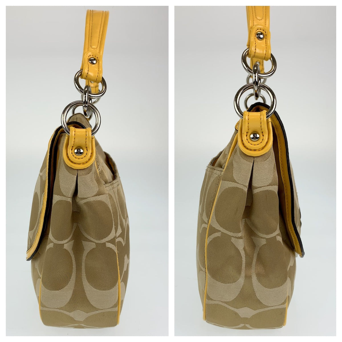 12551
 COACH Signature Brown Beige Canvas/Patent Hobo Shoulder Bag Handbag for Women