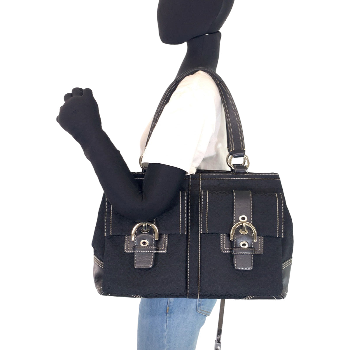 COACH コーチ ミニシグネチャー ブラック 黒 シルバー金具 キャンバス / レザー 6427 ハンドバッグ トートバッグ  レディース