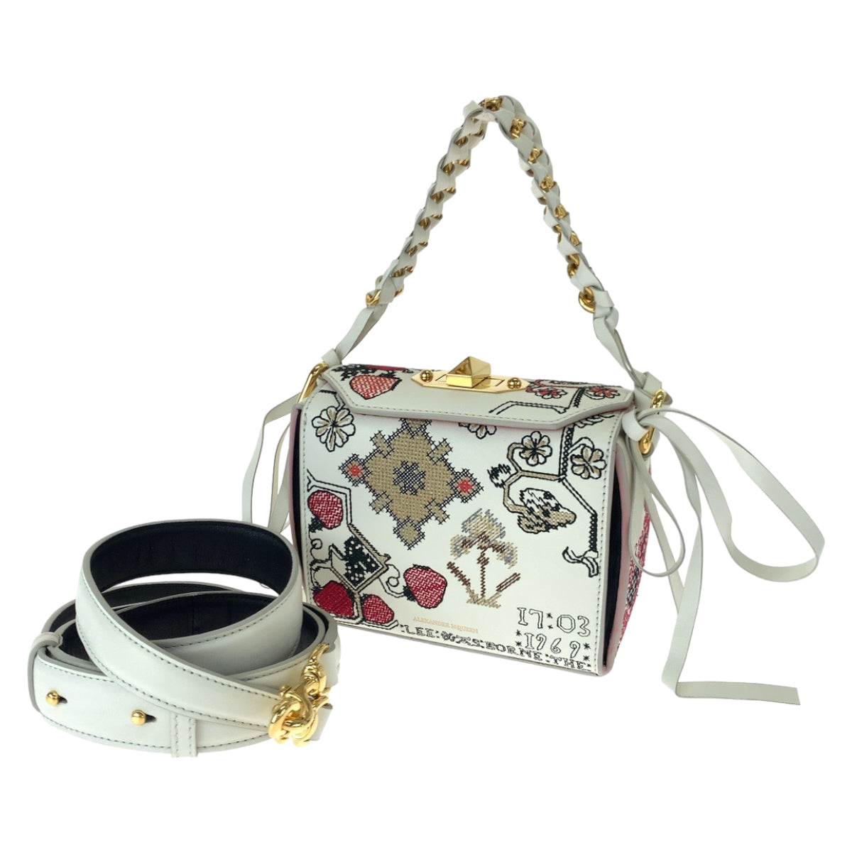 H-00588
Alexander McQueen アレキサンダーマックイーン 刺繍 ホワイト 白 マルチカラー レザー 544483 491730 ショルダーバッグ ボックスバッグ 2way  レディース
