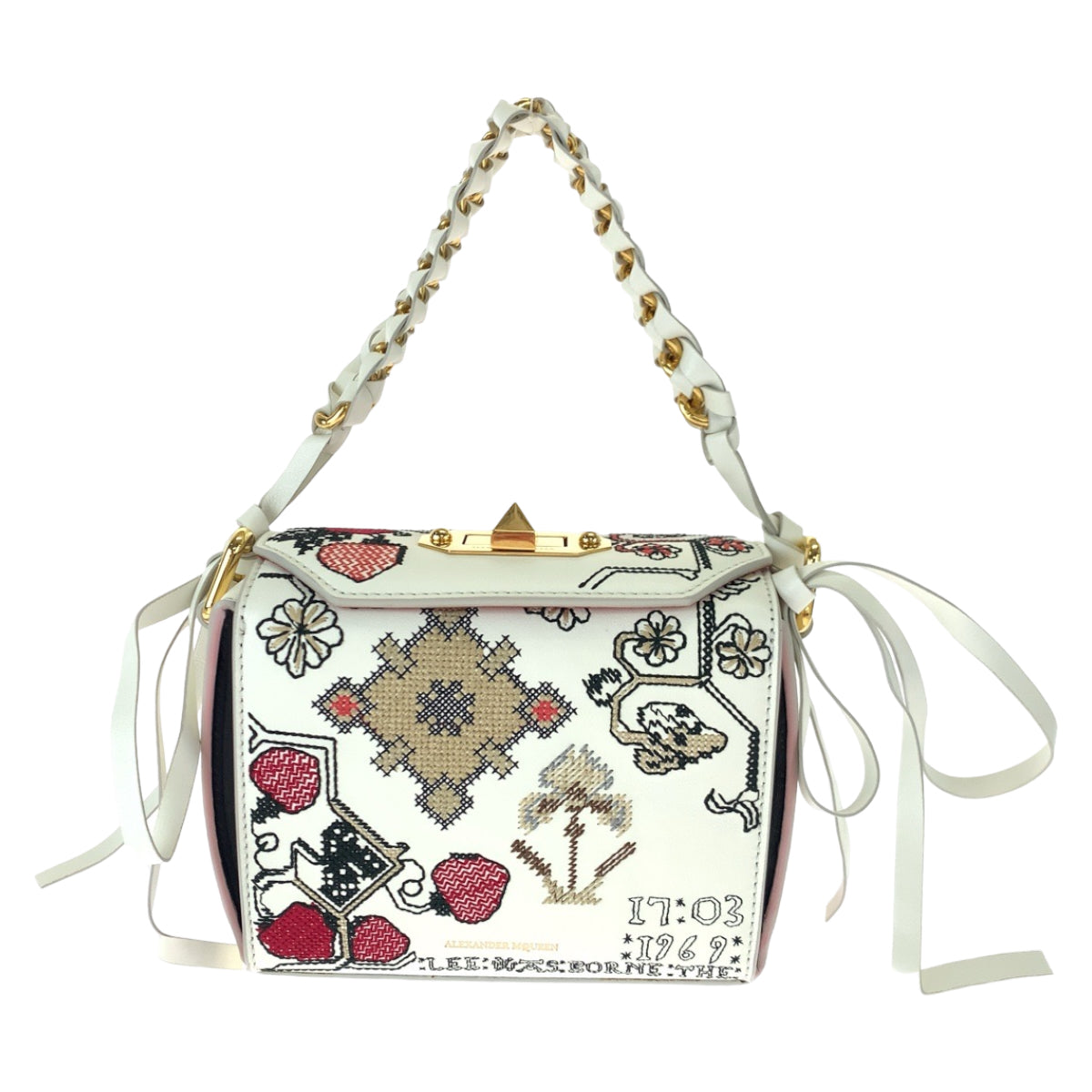 H-00588
Alexander McQueen アレキサンダーマックイーン 刺繍 ホワイト 白 マルチカラー レザー 544483 491730 ショルダーバッグ ボックスバッグ 2way  レディース