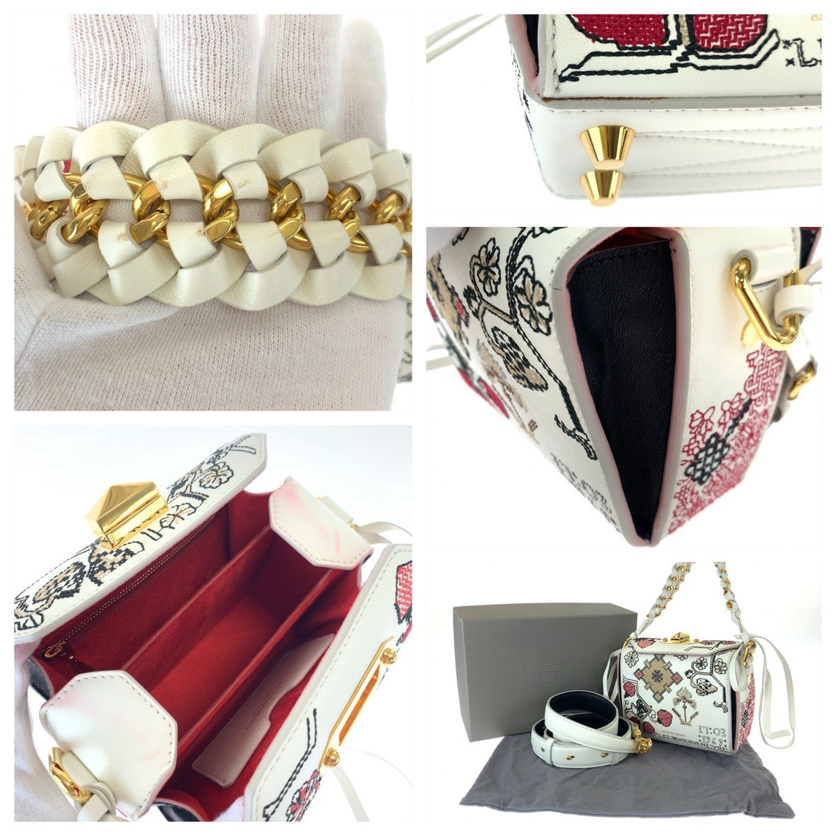 H-00588
Alexander McQueen アレキサンダーマックイーン 刺繍 ホワイト 白 マルチカラー レザー 544483 491730 ショルダーバッグ ボックスバッグ 2way  レディース