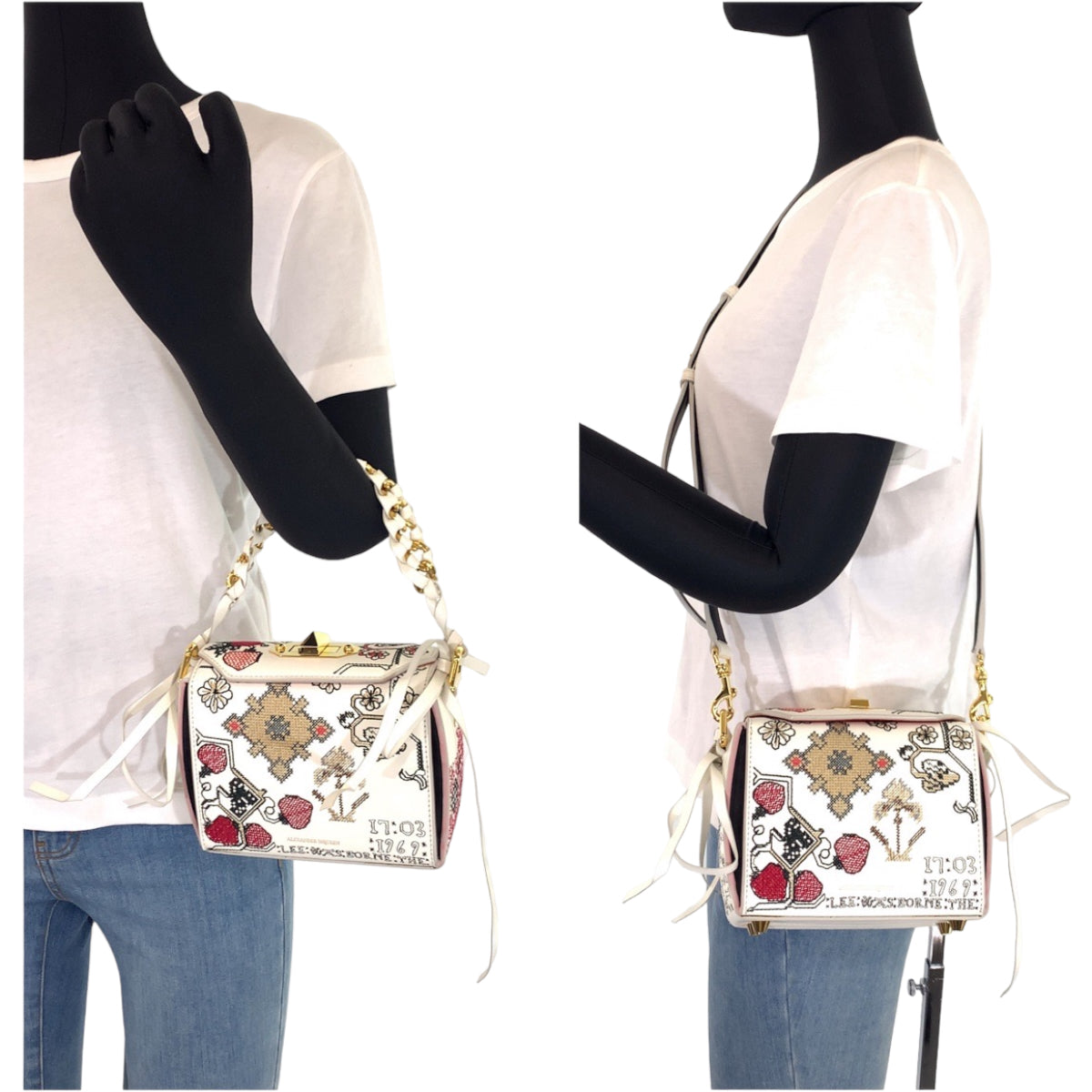 H-00588
Alexander McQueen アレキサンダーマックイーン 刺繍 ホワイト 白 マルチカラー レザー 544483 491730 ショルダーバッグ ボックスバッグ 2way  レディース
