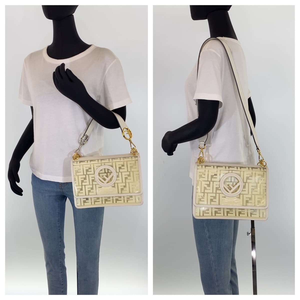 10411
FENDI フェンディ キャナイ エフ ホワイト 白 ゴールド金具 ビニール / レザー ショルダーバッグ ハンドバッグ 2WAY  レディース