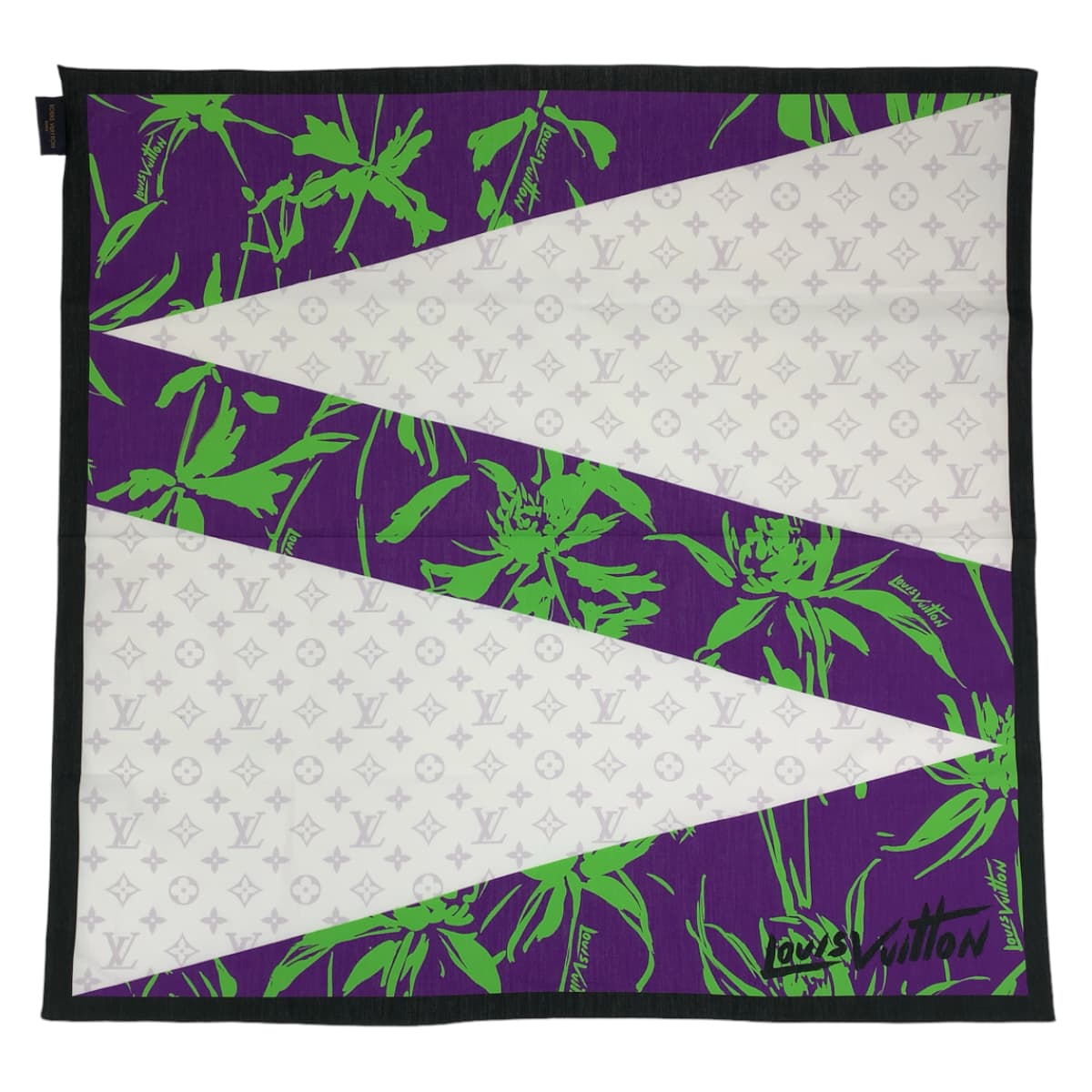 10413
LOUIS VUITTON ルイヴィトン モノグラム リーフ柄 パープル ホワイト グリーン コットン スカーフ ストール バンダナ  メンズ