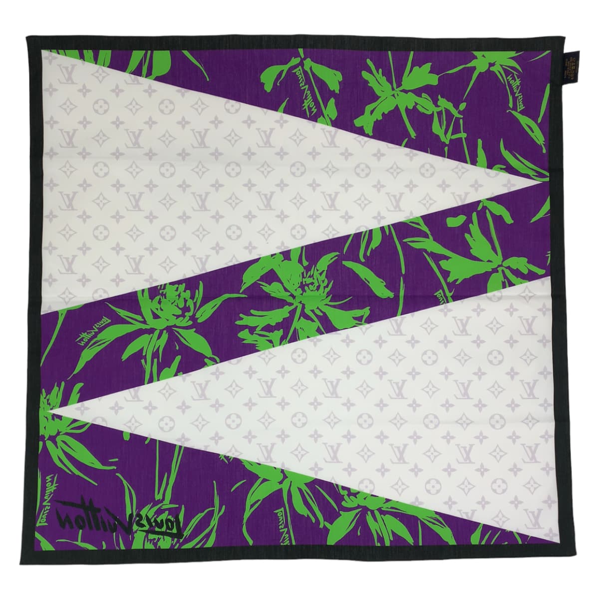 10413
LOUIS VUITTON ルイヴィトン モノグラム リーフ柄 パープル ホワイト グリーン コットン スカーフ ストール バンダナ  メンズ