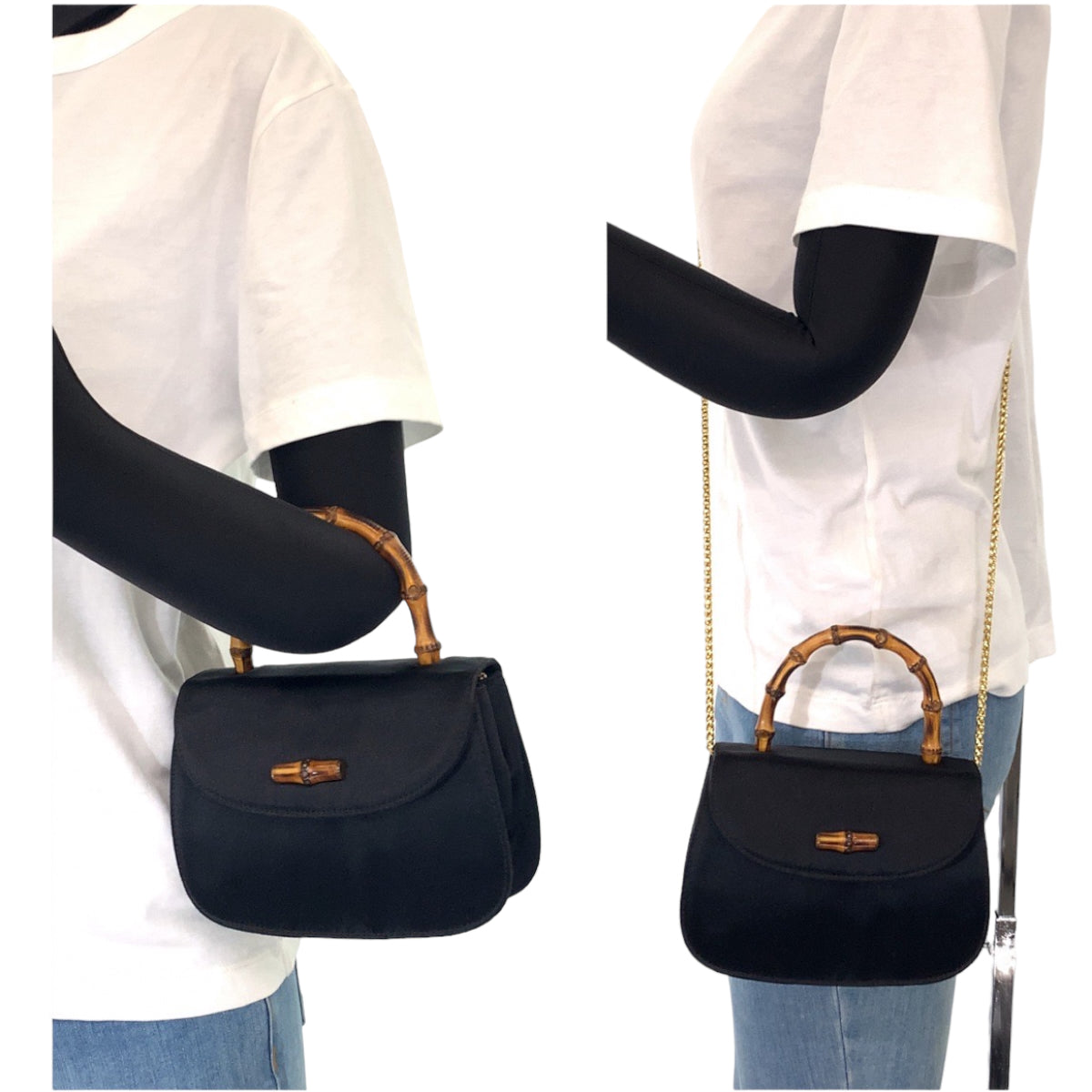 H-00594
GUCCI グッチ ヴィンテージ オールドグッチ バンブー ブラック 黒 ブラウン 茶 サテン 005 781 0258 チェーンショルダーバッグ ハンドバッグ 2way  レディース