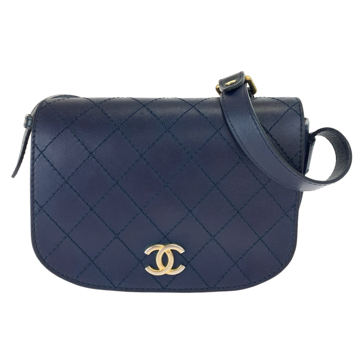 CHANEL シャネル ステッチ ダブルフラップ ココマーク ネイビー 紺 ゴールド金具 カーフ ショルダーバッグ 斜め掛け  レディース