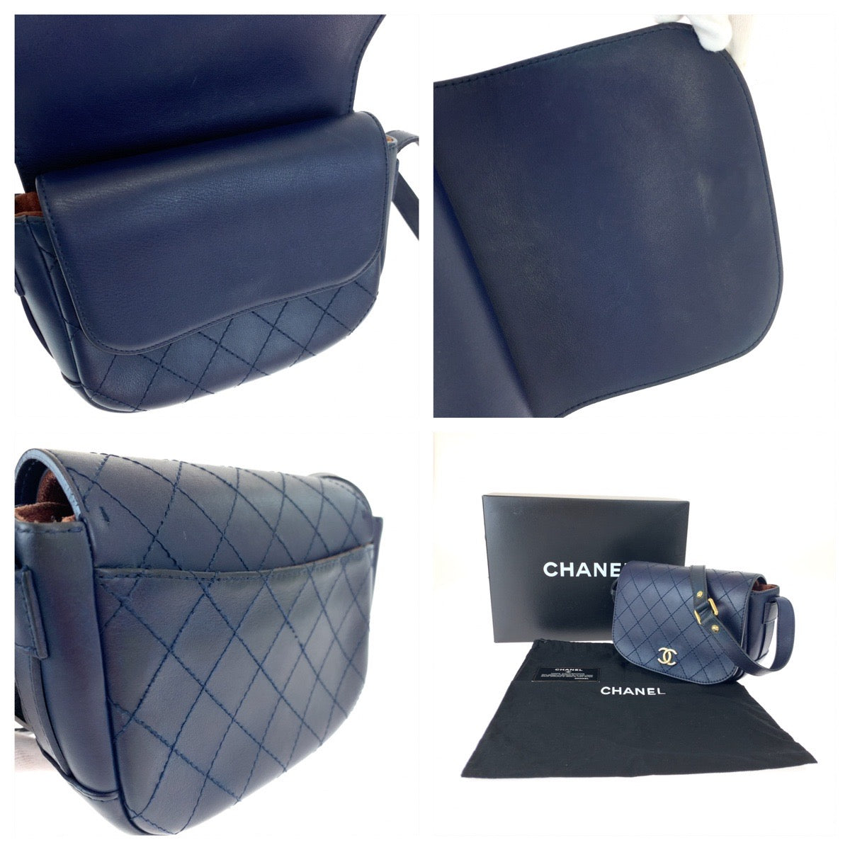CHANEL シャネル ステッチ ダブルフラップ ココマーク ネイビー 紺 ゴールド金具 カーフ ショルダーバッグ 斜め掛け  レディース